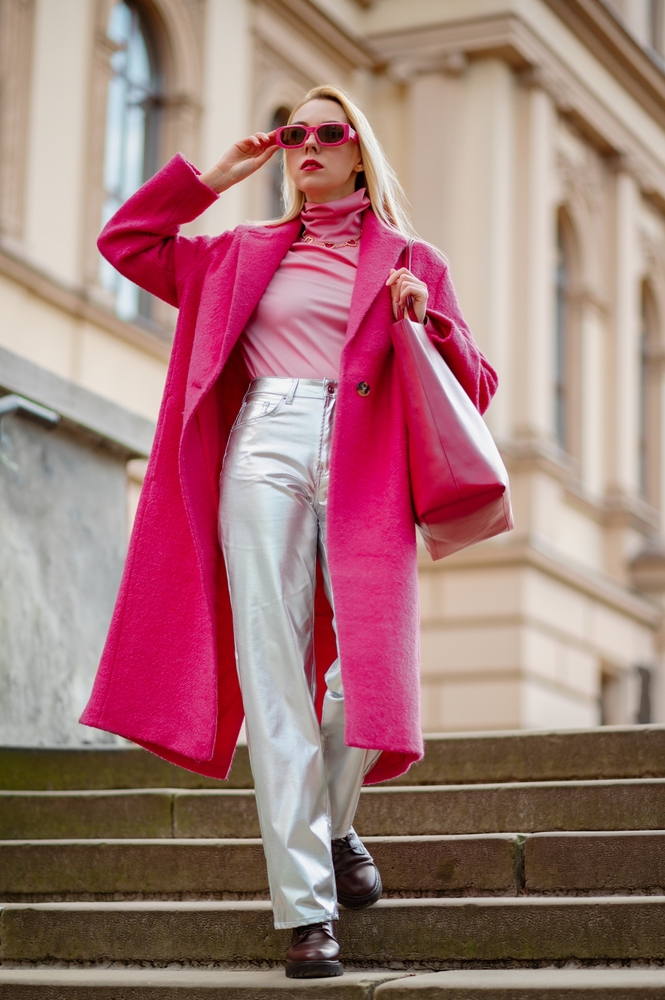 blonde wearing Metallic pants